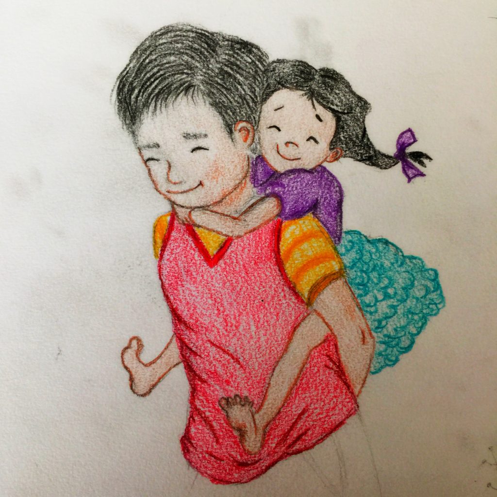 Asian Dad and Daughter Drawing Illustration